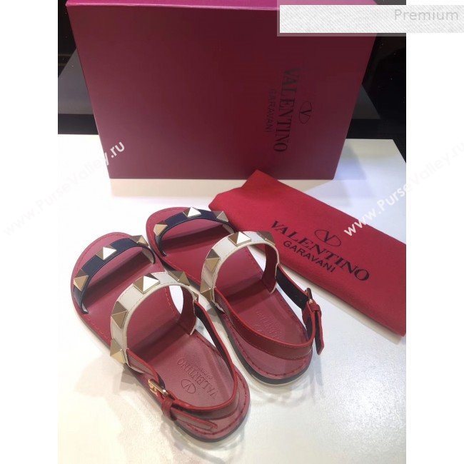 Valentino RockStud Leather Flat Sandals Red/Multicolor 2019 (XINL-9081539)