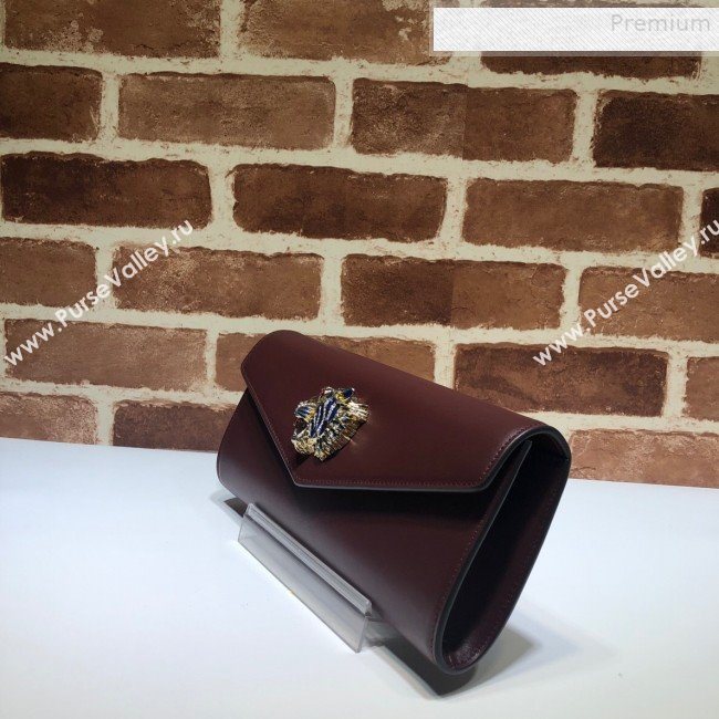 Gucci Broadway Leather Clutch with Tiger 576532 Burgundy 2019 (DLH-9081413)