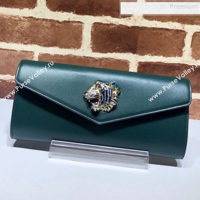 Gucci Broadway Leather Clutch with Tiger 576532 Green 2019 (DLH-9081414)