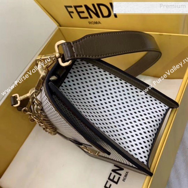 Fendi Kan U Medium Embossed Corners Perforated Leather Flap Bag White 2019 (AFEI-9081422)