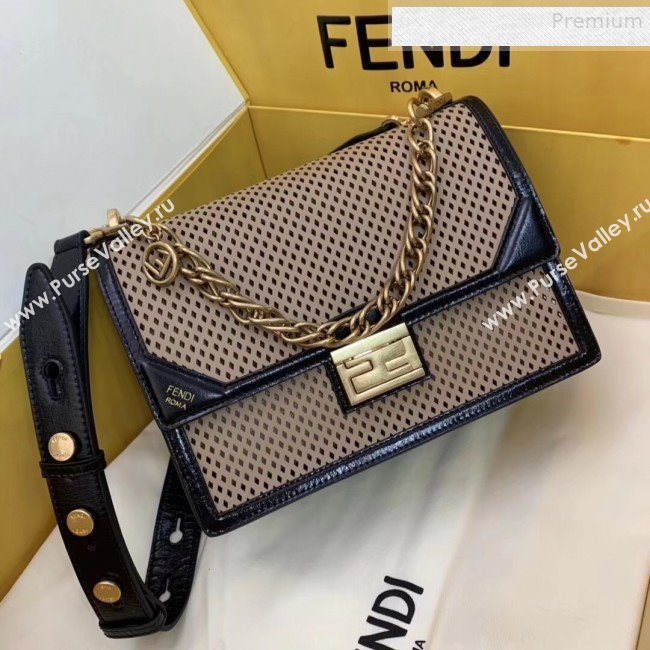 Fendi Kan U Medium Embossed Corners Perforated Leather Flap Bag Khaki 2019 (AFEI-9081423)