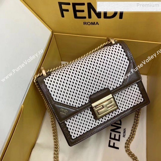 Fendi Kan U Small Embossed Corners Perforated Leather Flap Bag White 2019 (AFEI-9081420)