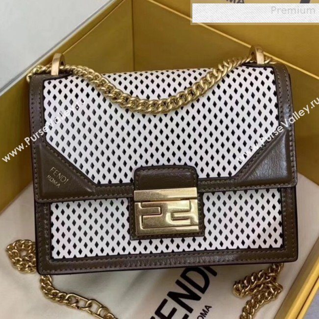 Fendi Kan U Small Embossed Corners Perforated Leather Flap Bag White 2019 (AFEI-9081420)