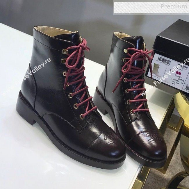 Chanel Calfskin Short Flat Lace-up Boots G34954 Black/Red 2019 (JINC-9101532)