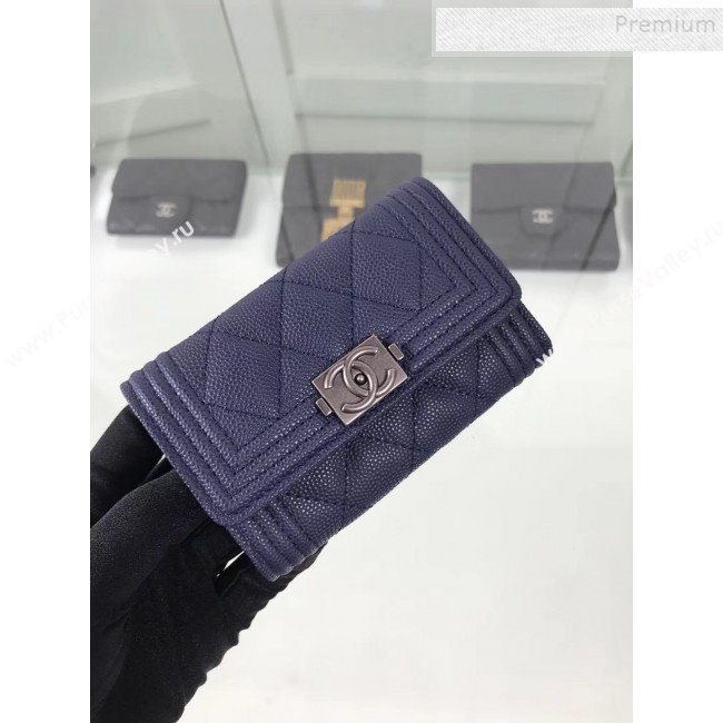 Chanel Grained Leather Small Flap Boy Wallet A80603 Navy Blue 2019 (HOT-9101402)