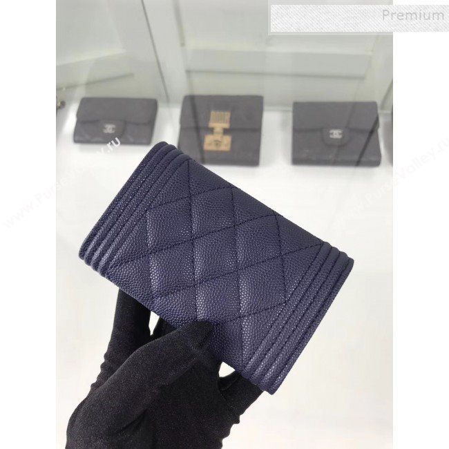 Chanel Grained Leather Small Flap Boy Wallet A80603 Navy Blue 2019 (HOT-9101402)