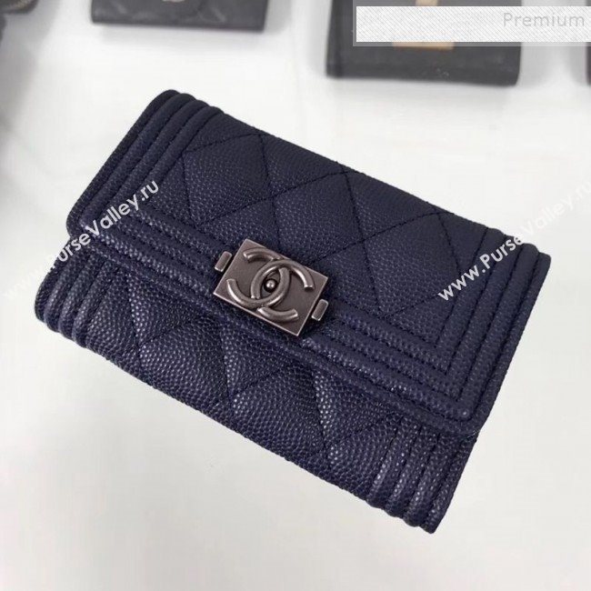 Chanel Grained Leather Small Flap Boy Wallet A80603 Navy Blue 2019 (HOT-9101402)