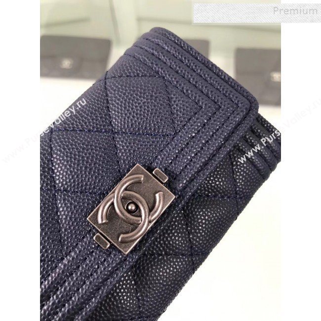 Chanel Grained Leather Small Flap Boy Wallet A80603 Navy Blue 2019 (HOT-9101402)