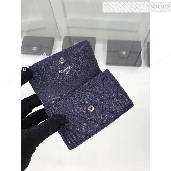 Chanel Grained Leather Small Flap Boy Wallet A80603 Navy Blue 2019 (HOT-9101402)