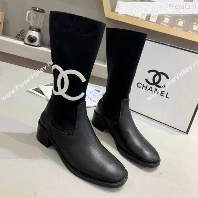 Chanel Calfskin and Knit Fabric CC Flat Fold Short Boots Black/White 2019 (DLY-9101926)