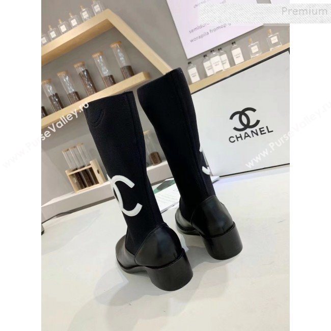 Chanel Calfskin and Knit Fabric CC Flat Fold Short Boots Black/White 2019 (DLY-9101926)