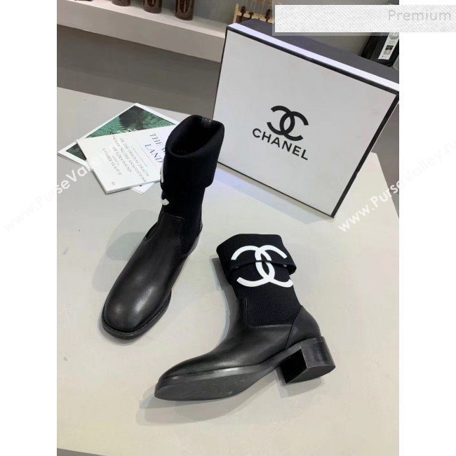 Chanel Calfskin and Knit Fabric CC Flat Fold Short Boots Black/White 2019 (DLY-9101926)