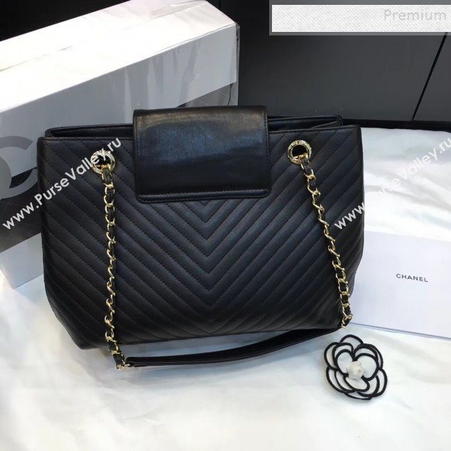 Chanel Chevron Calfskin Strap Shopping Bag Black 2019 (JIYUAN-9101704)