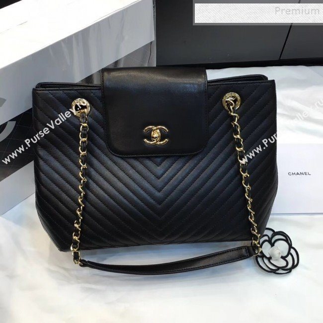 Chanel Chevron Calfskin Strap Shopping Bag Black 2019 (JIYUAN-9101704)