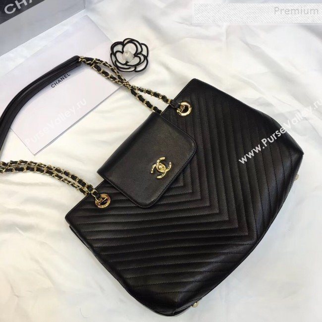 Chanel Chevron Calfskin Strap Shopping Bag Black 2019 (JIYUAN-9101704)