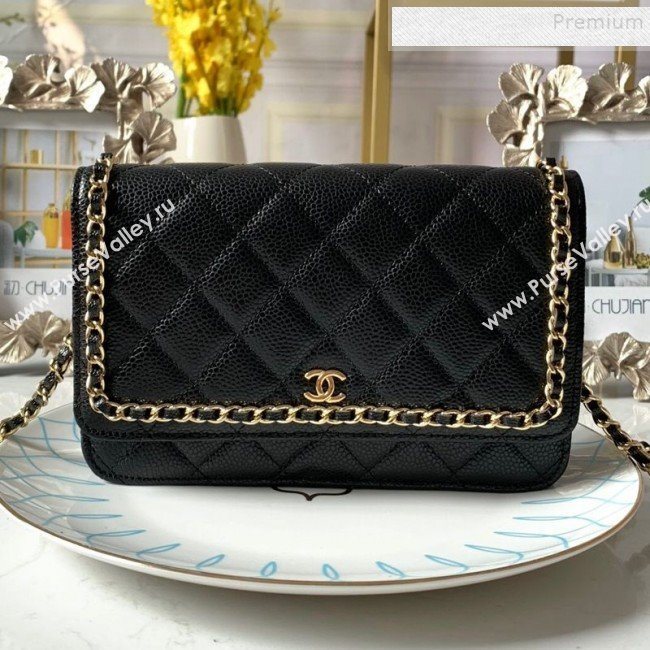 Chanel Quilted Grained Leather Chain Trim Wallet on Chain WOC Black 2019 (FM-9101705)