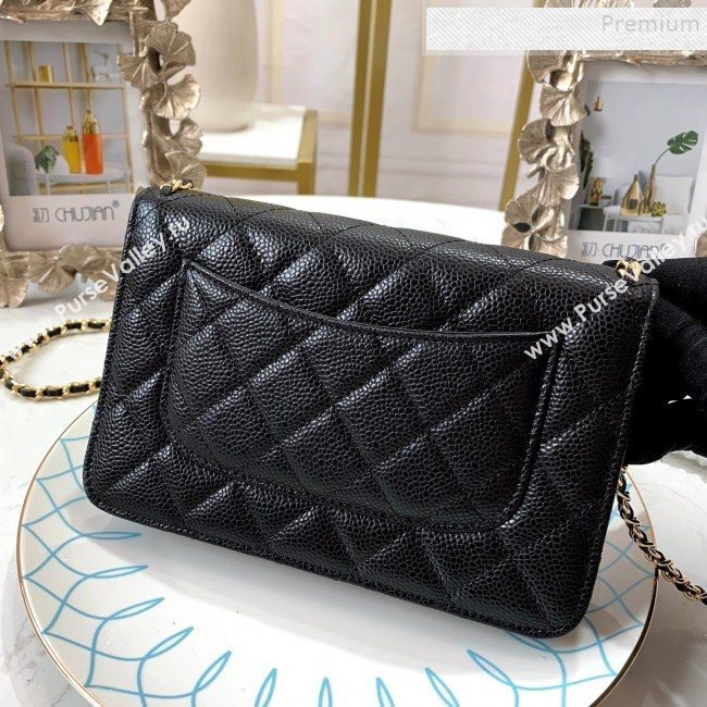 Chanel Quilted Grained Leather Chain Trim Wallet on Chain WOC Black 2019 (FM-9101705)