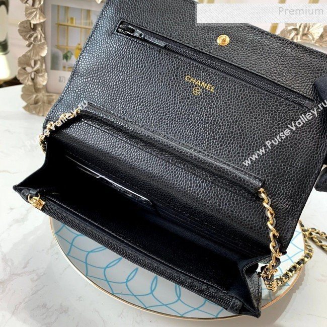 Chanel Quilted Grained Leather Chain Trim Wallet on Chain WOC Black 2019 (FM-9101705)