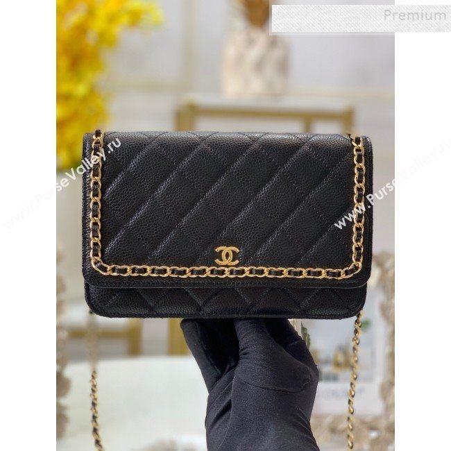 Chanel Quilted Grained Leather Chain Trim Wallet on Chain WOC Black 2019 (FM-9101705)