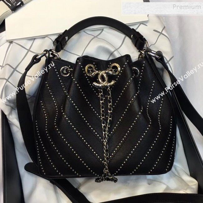 Chanel Studded Chevron Calfskin Bucket Bag Black 2019 (JIYUAN-9102218)