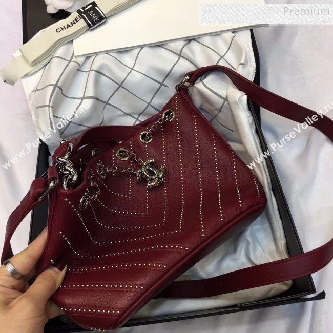 Chanel Studded Chevron Calfskin Bucket Bag Burgundy 2019 (JIYUAN-9102219)