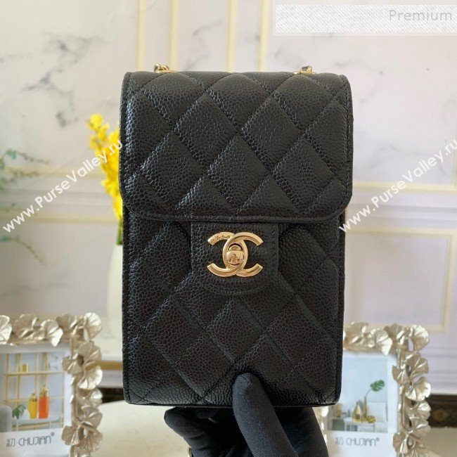 Chanel Quilted Grained Leather Phone Clutch with Chain AP0249 Black 2019 (FM-9102220)