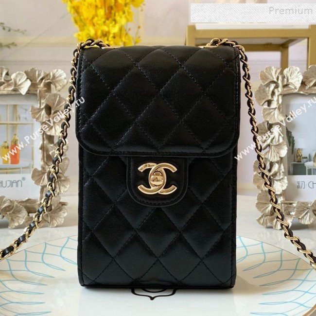 Chanel Quilted Lambskin Phone Clutch with Chain AP0249 Black 2019 (FM-9102221)