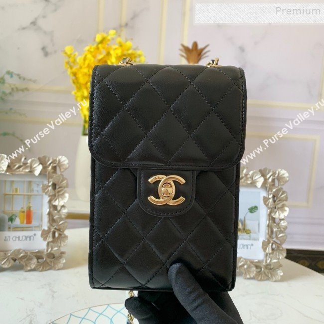 Chanel Quilted Lambskin Phone Clutch with Chain AP0249 Black 2019 (FM-9102221)