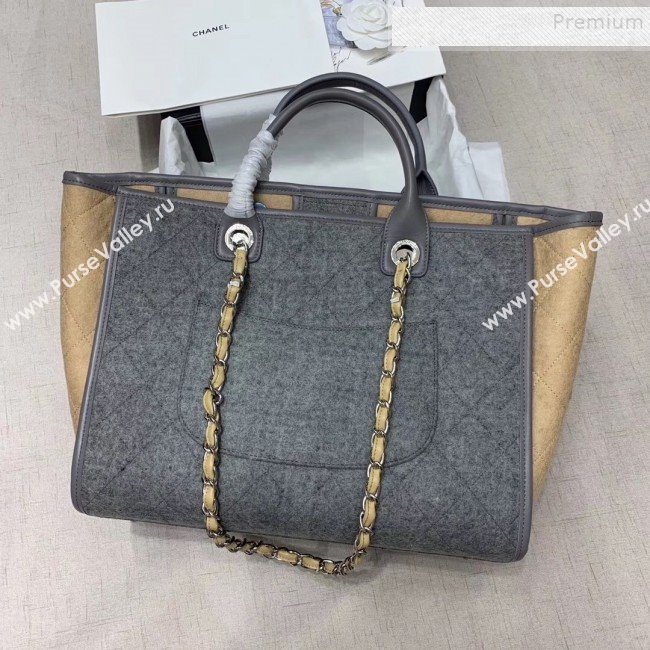 Chanel Deauville Wool Felt Medium/Large Shopping Bag A93786 Gray/Beige 2019 (JIYUAN-9102223)