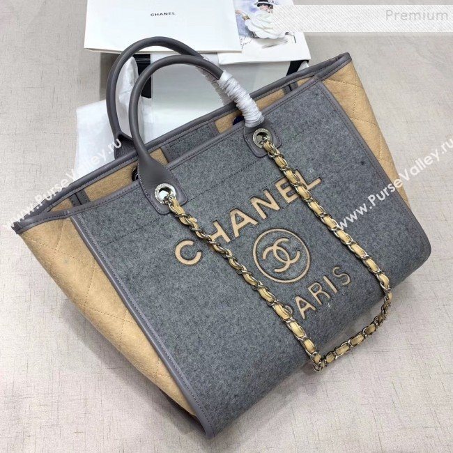Chanel Deauville Wool Felt Medium/Large Shopping Bag A93786 Gray/Beige 2019 (JIYUAN-9102223)