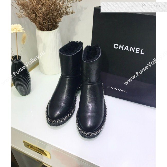 Chanel Calfskin Wool Chain Trim Flat Short Boots G34113 Black 2019 (JINC-9102454)
