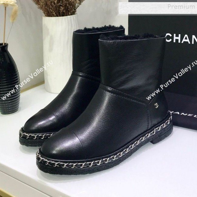 Chanel Calfskin Wool Chain Trim Flat Short Boots G34113 Black 2019 (JINC-9102454)
