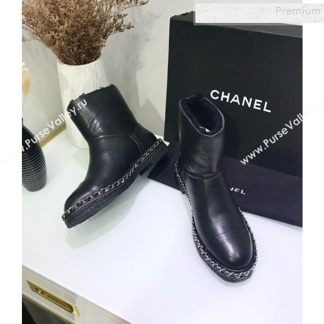 Chanel Calfskin Wool Chain Trim Flat Short Boots G34113 Black 2019 (JINC-9102454)