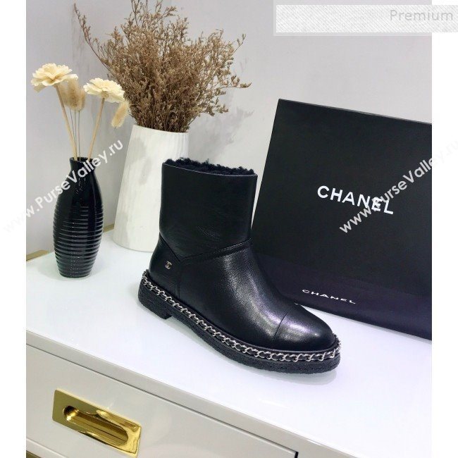Chanel Calfskin Wool Chain Trim Flat Short Boots G34113 Black 2019 (JINC-9102454)