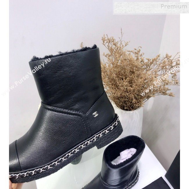 Chanel Calfskin Wool Chain Trim Flat Short Boots G34113 Black 2019 (JINC-9102454)