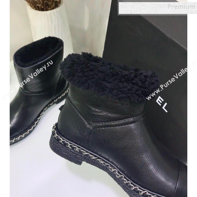 Chanel Calfskin Wool Chain Trim Flat Short Boots G34113 Black 2019 (JINC-9102454)