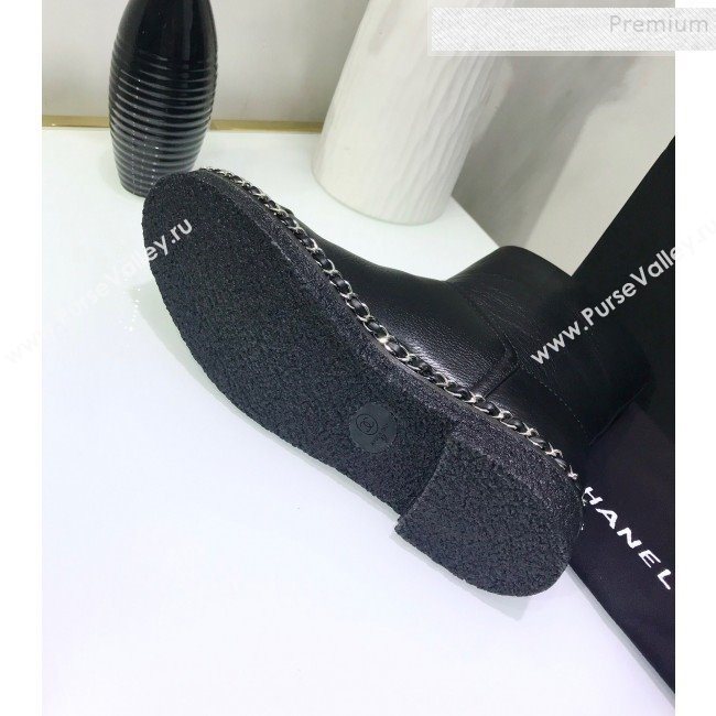 Chanel Calfskin Wool Chain Trim Flat Short Boots G34113 Black 2019 (JINC-9102454)