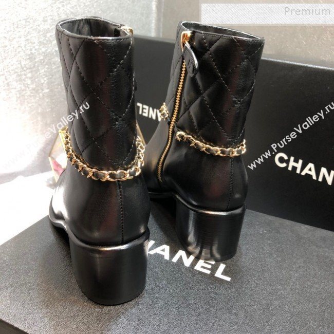 Chanel Quilted Calfskin Chain Mid-Heel Short Boots G35091 Black 2019 (DLY-9102510)