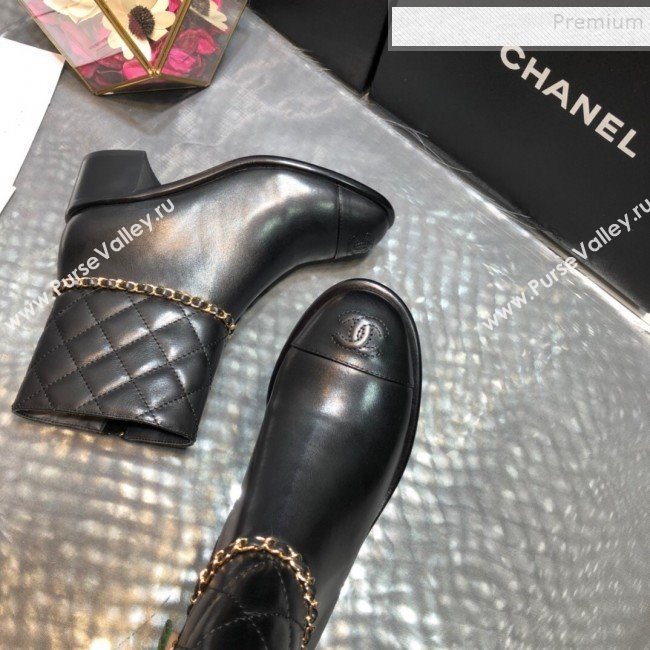Chanel Quilted Calfskin Chain Mid-Heel Short Boots G35091 Black 2019 (DLY-9102510)