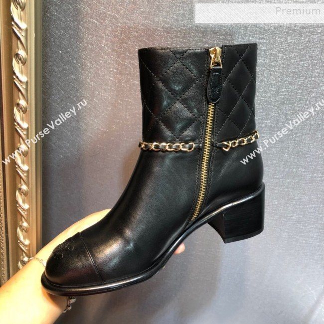 Chanel Quilted Calfskin Chain Mid-Heel Short Boots G35091 Black 2019 (DLY-9102510)