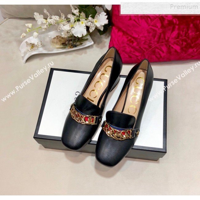 Gucci Sylvie Chain Leather Mid-heel Pump ‎537539 Black 2019 (DLY-9102527)