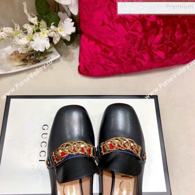 Gucci Sylvie Chain Leather Mid-heel Pump ‎537539 Black 2019 (DLY-9102527)