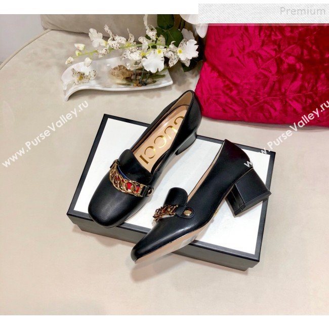 Gucci Sylvie Chain Leather Mid-heel Pump ‎537539 Black 2019 (DLY-9102527)