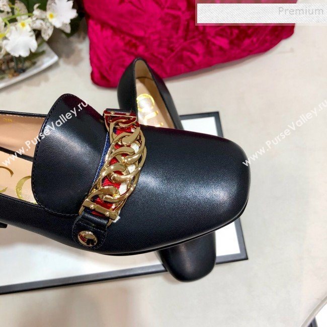 Gucci Sylvie Chain Leather Mid-heel Pump ‎537539 Black 2019 (DLY-9102527)