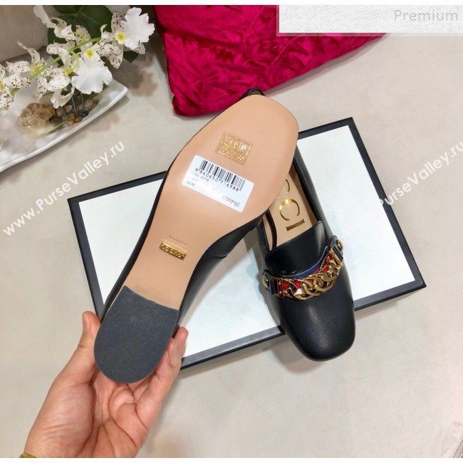 Gucci Sylvie Chain Leather Mid-heel Pump ‎537539 Black 2019 (DLY-9102527)