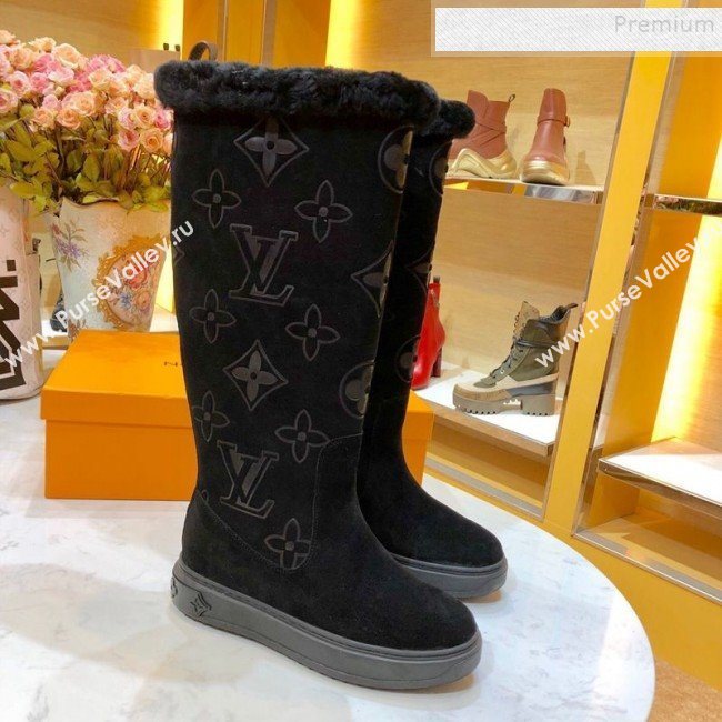 Louis Vuitton Breezy Suede Giant Monogram Flat High Boot Black 2019 (SIYA-9102444)
