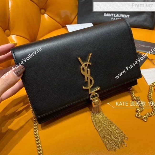 Saint Laurent Kate Chain Wallet with Tassel in Smooth Leather 452159 Black/Gold (JUND-9102906)