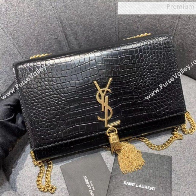 Saint Laurent Kate Medium with Tassel in Embossed Crocodile Shiny Leather 354119 Black/Gold  (JUND-9102908)