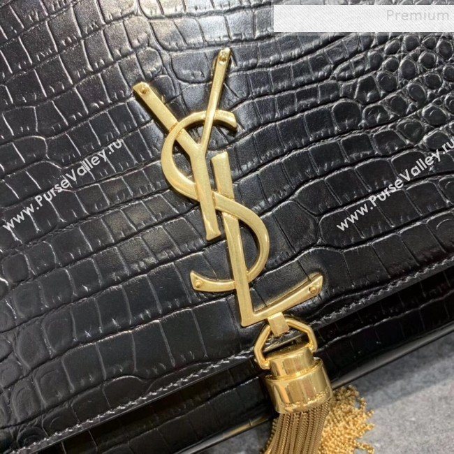 Saint Laurent Kate Medium with Tassel in Embossed Crocodile Shiny Leather 354119 Black/Gold  (JUND-9102908)