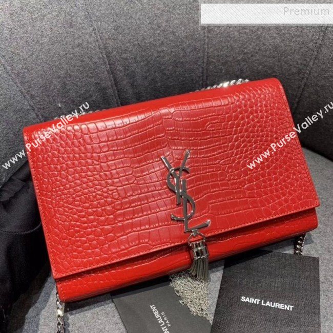 Saint Laurent Kate Medium with Tassel in Embossed Crocodile Shiny Leather 354119 Red (JUND-9102909)